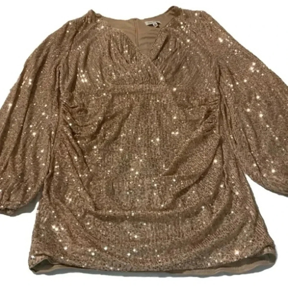 Plus Size 2X Glitter Sequence Ruched Wrap V Neck Body Con Dress Bishop Sleeve - Picture 2 of 8